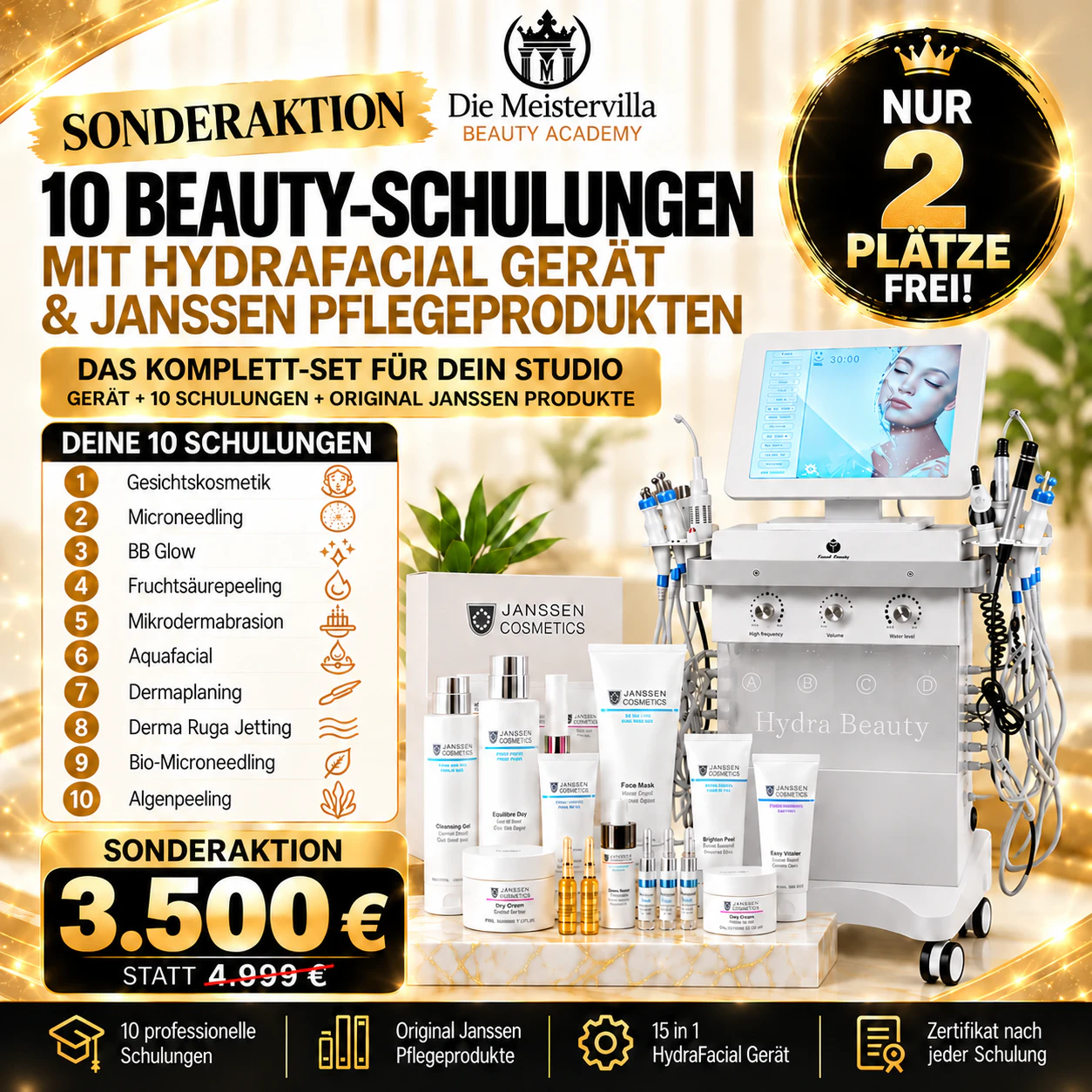 Sonderaktion: zehn Beauty-Schulungen mit großem 15-in-1-Hydrafacial-Gerät und Original Janssen Pflegeprodukten für 3.500 Euro; zwei Plätze frei.